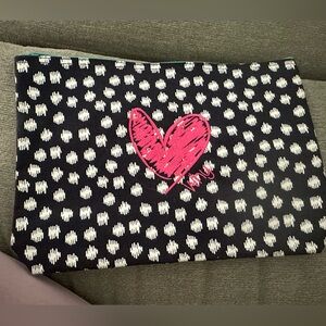 Thirty One Zipper Pouch Navy and White Polka Dot Clutch with Pink Heart